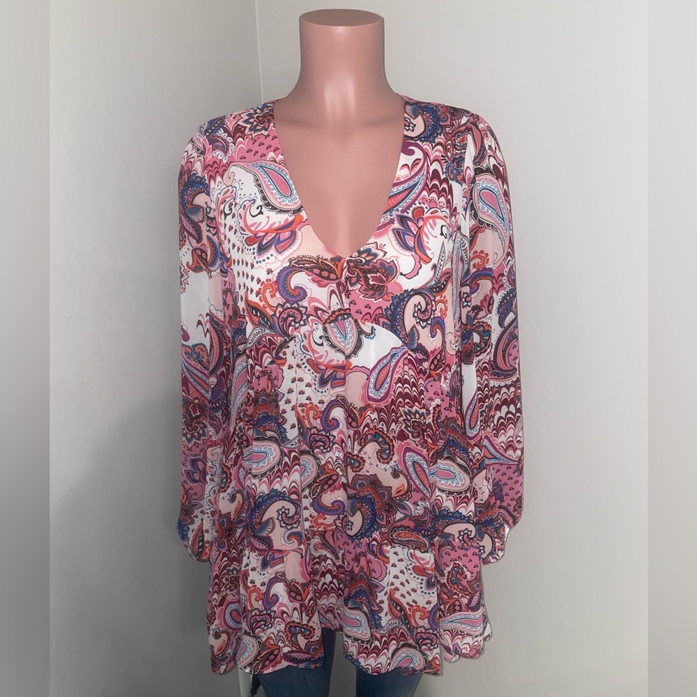 MELLODAY Melloday Pink Paisley Tiered V-neck tunic blouse Size XL NWT
